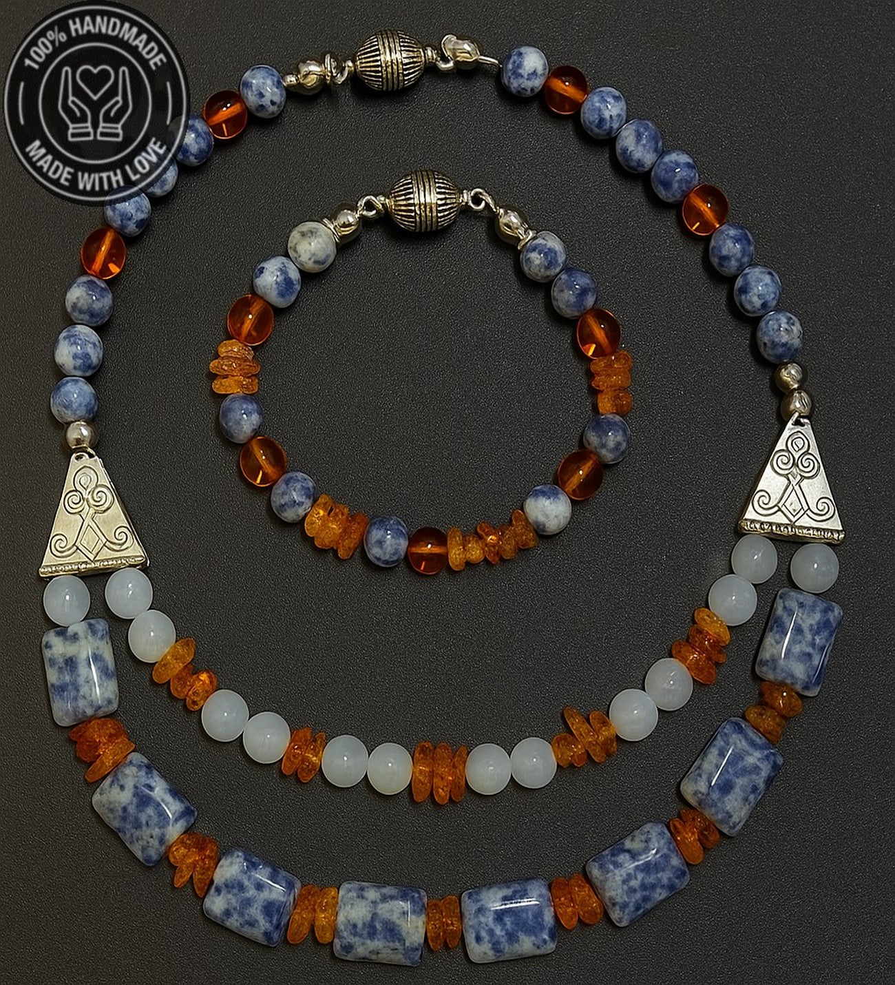 Kehribar Sodalit Dumanlı Akik Enerji, Mantık Ve Zihinsel Berraklık Kolye Bileklik Seti