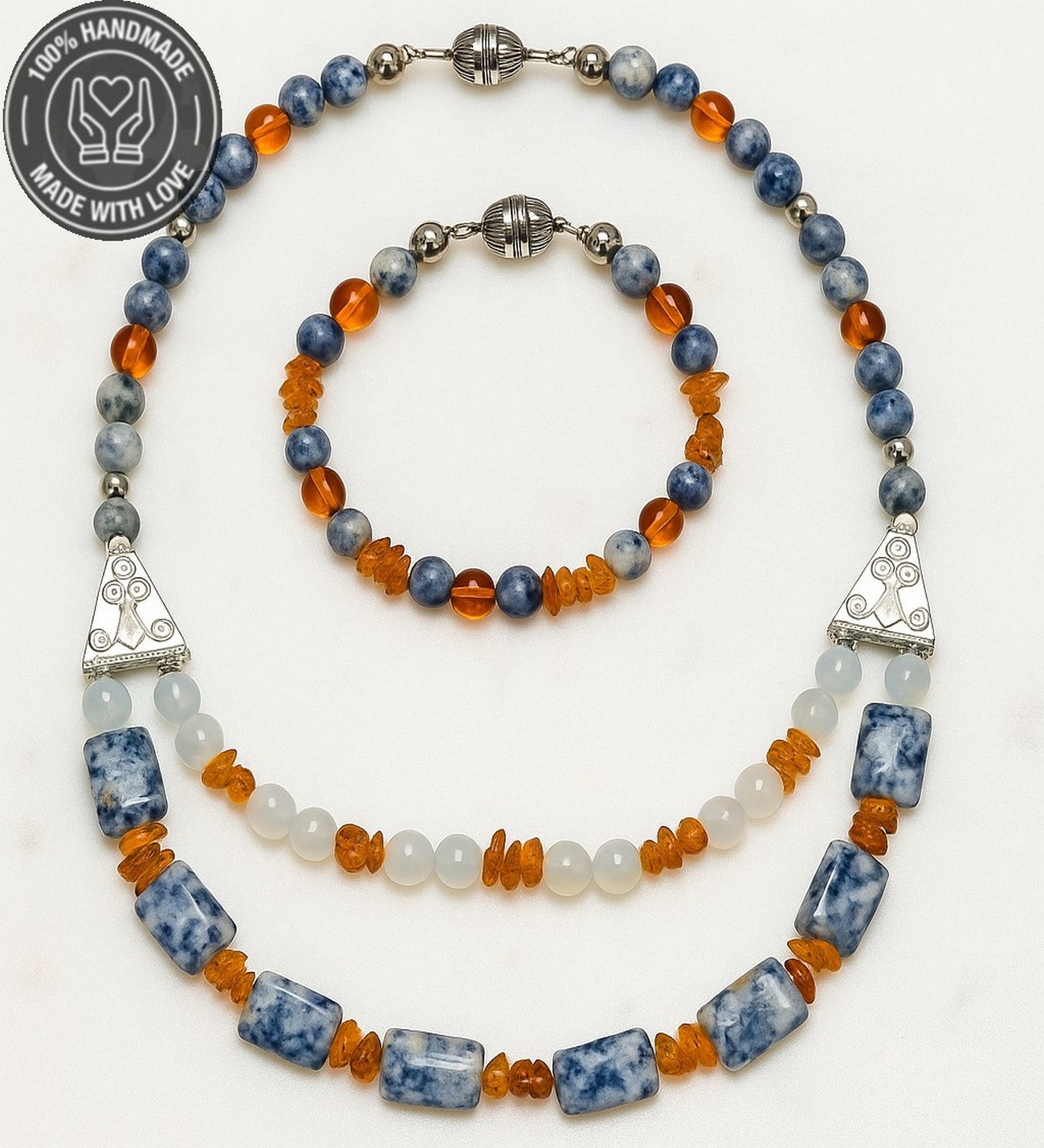 Kehribar Sodalit Dumanlı Akik Enerji, Mantık Ve Zihinsel Berraklık Kolye Bileklik Seti