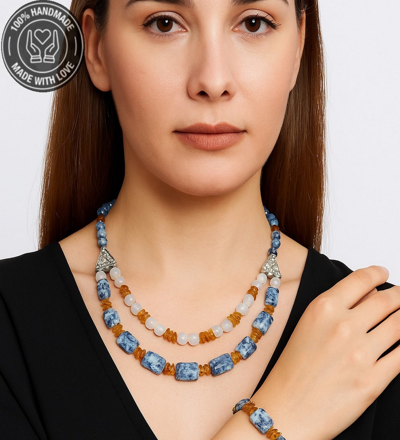 Kehribar Sodalit Dumanlı Akik Enerji, Mantık Ve Zihinsel Berraklık Kolye Bileklik Seti