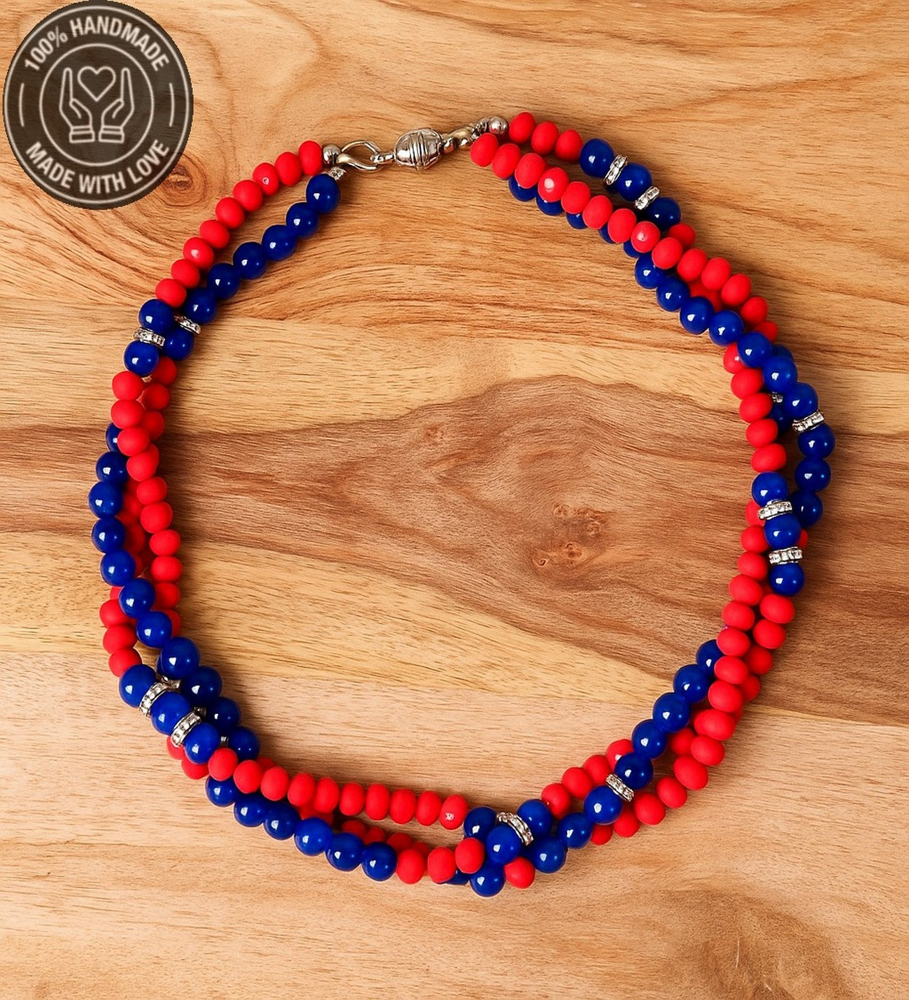 Lacivert Akik Kırmızı Kristal 3 Sıralı Iletişim, Ifade Ve Zihinsel Berraklık Kolyesi