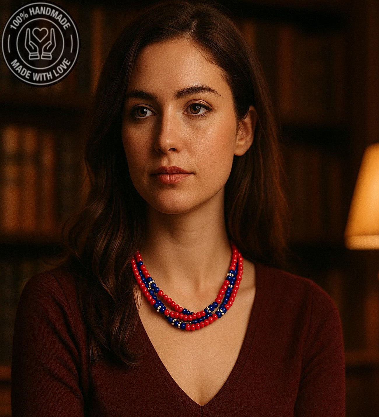 Lacivert Akik Kırmızı Kristal 3 Sıralı Iletişim, Ifade Ve Zihinsel Berraklık Kolyesi