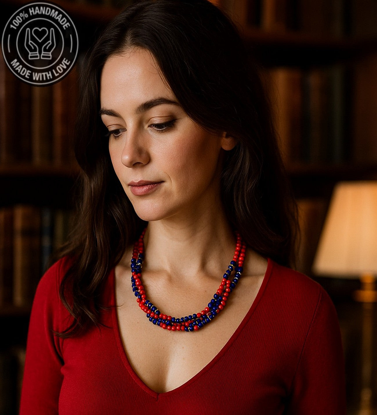 Lacivert Akik Kırmızı Kristal 3 Sıralı Iletişim, Ifade Ve Zihinsel Berraklık Kolyesi