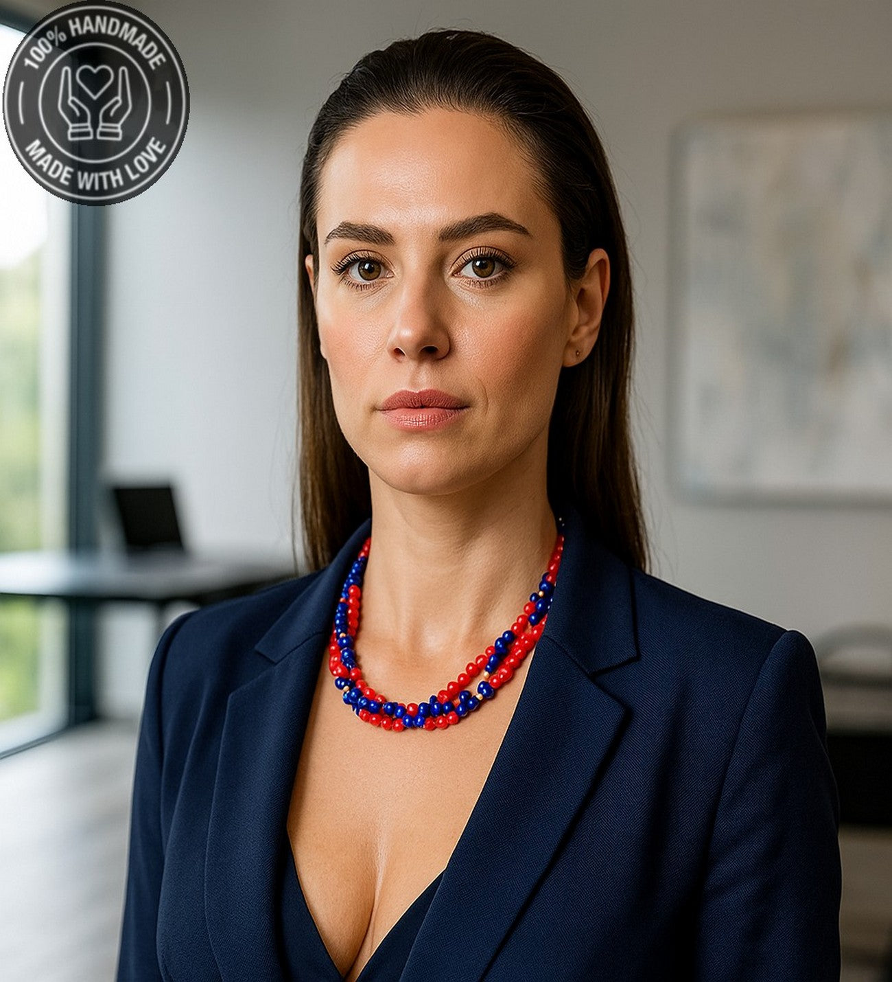 Lacivert Akik Kırmızı Kristal 3 Sıralı Iletişim, Ifade Ve Zihinsel Berraklık Kolyesi