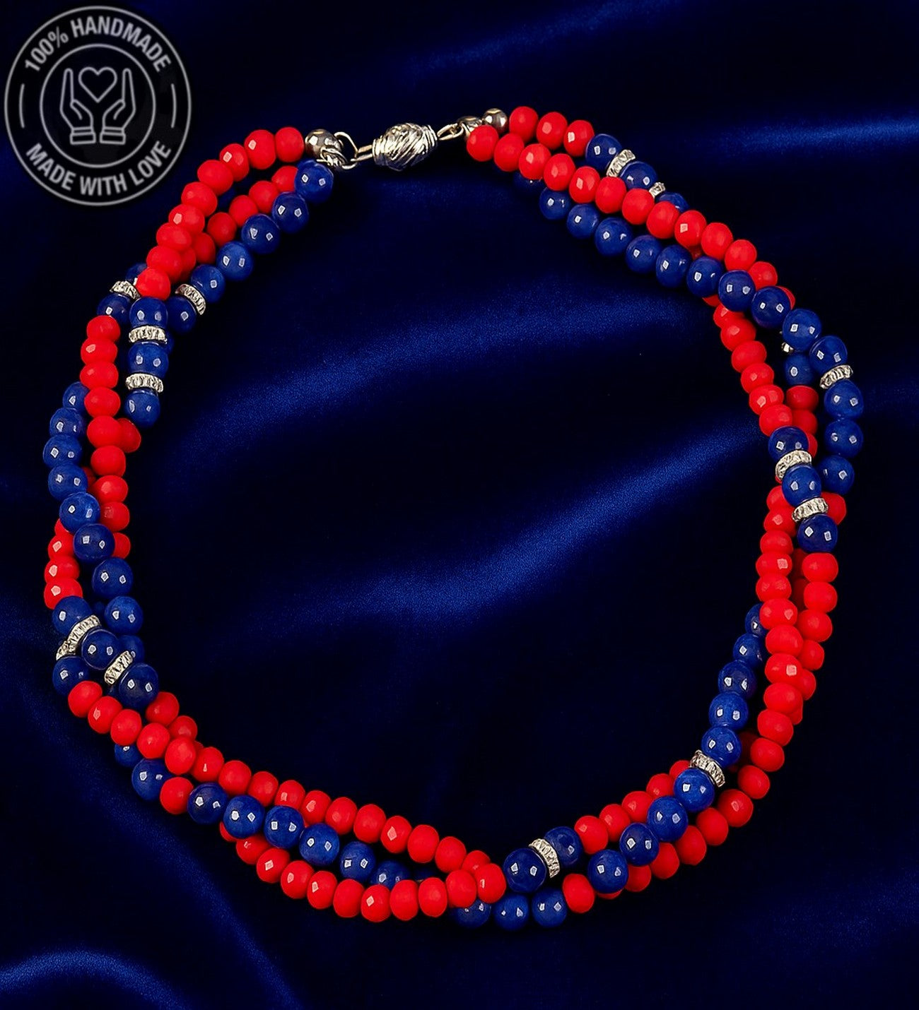 Lacivert Akik Kırmızı Kristal 3 Sıralı Iletişim, Ifade Ve Zihinsel Berraklık Kolyesi