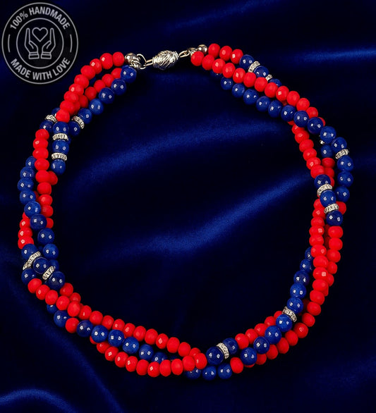 Lacivert Akik Kırmızı Kristal 3 Sıralı Iletişim, Ifade Ve Zihinsel Berraklık Kolyesi