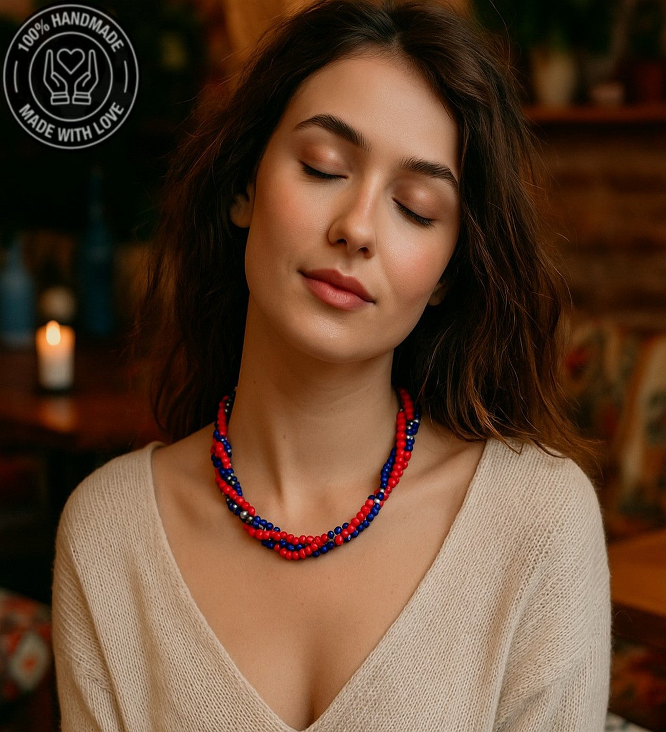 Lacivert Akik Kırmızı Kristal 3 Sıralı Iletişim, Ifade Ve Zihinsel Berraklık Kolyesi