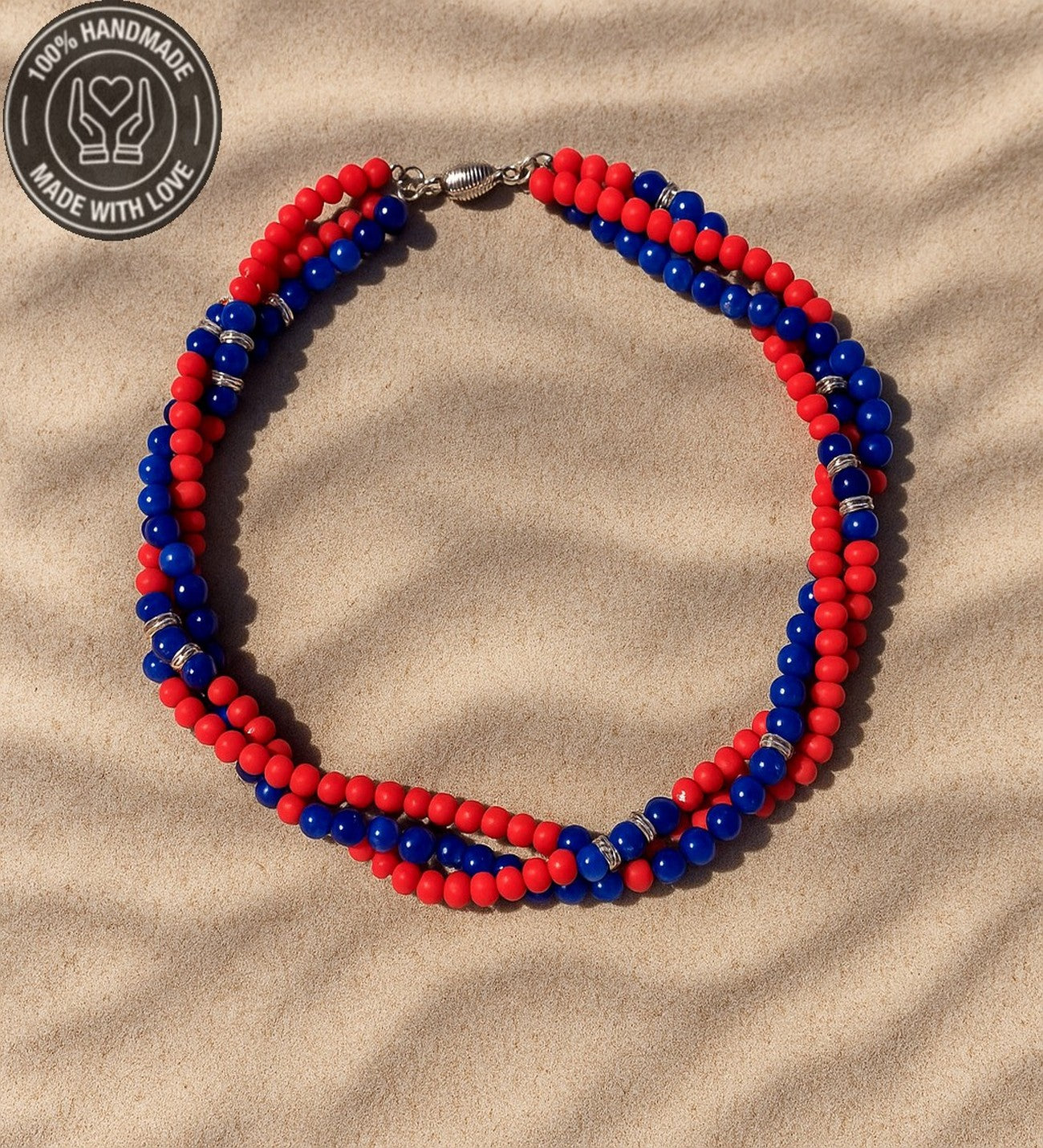 Lacivert Akik Kırmızı Kristal 3 Sıralı Iletişim, Ifade Ve Zihinsel Berraklık Kolyesi