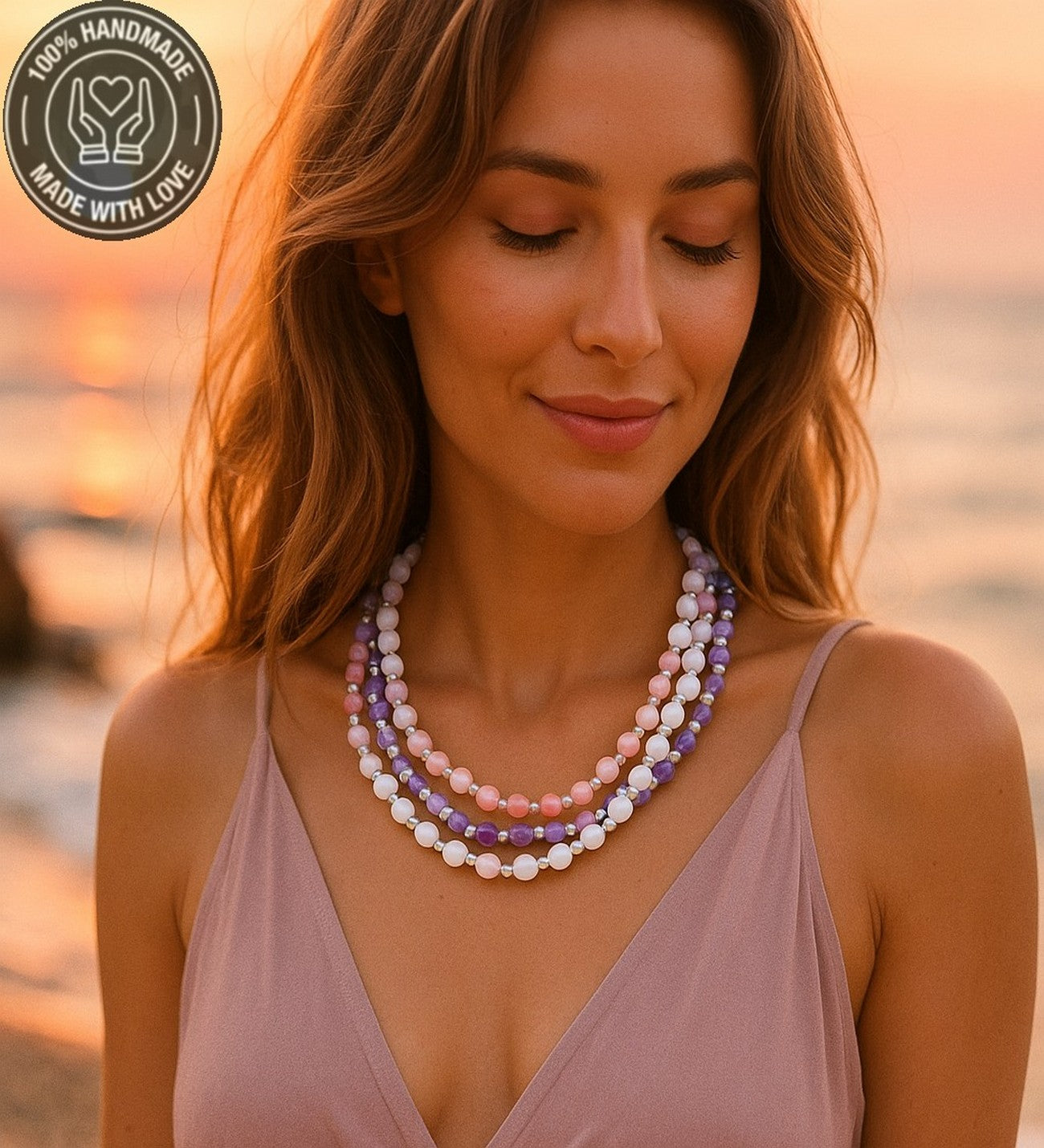 Kuvars Akik Ceyt Ayrılabilen Üç Sıralı Nazardan Korunma Ve Şifa Kolyesi