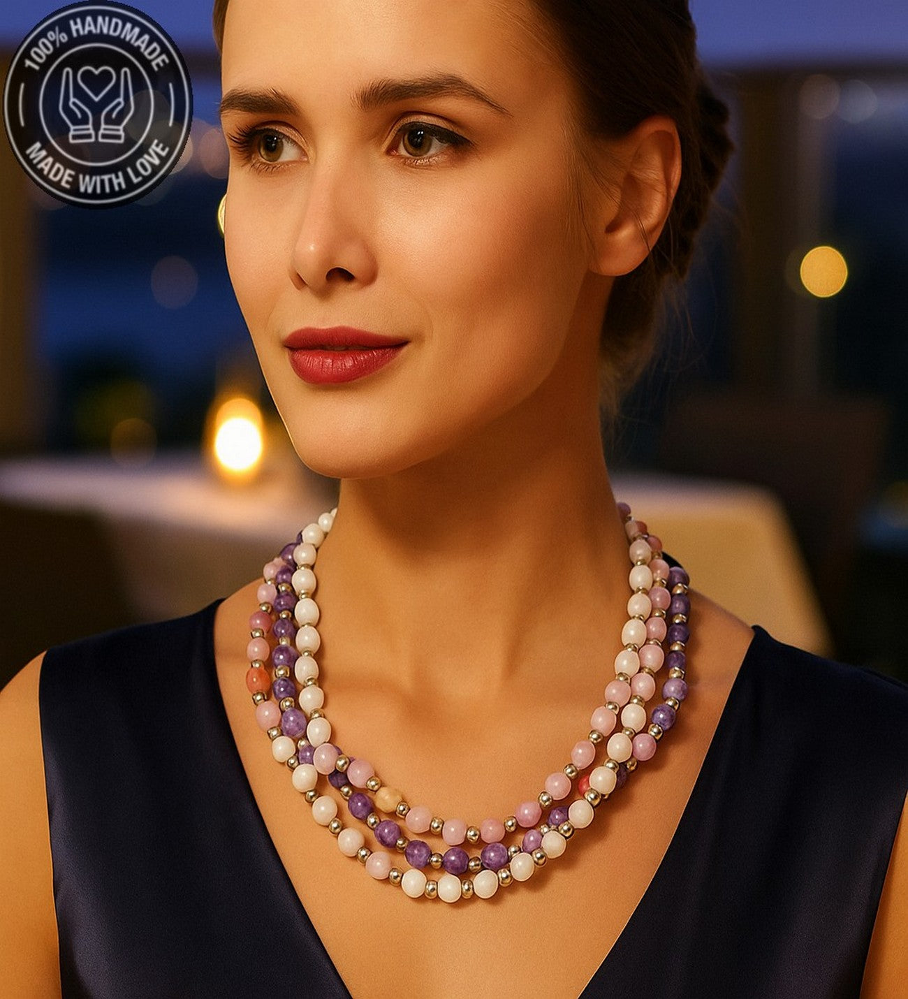 Kuvars Akik Ceyt Ayrılabilen Üç Sıralı Nazardan Korunma Ve Şifa Kolyesi