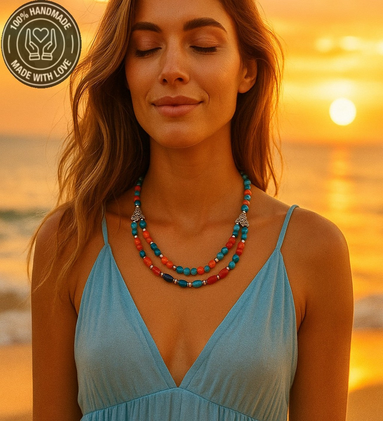 Turuncu Akik Mavi Akik Enerji Veren Nazara Karşı Koruyan 2 Sıralı Kolye