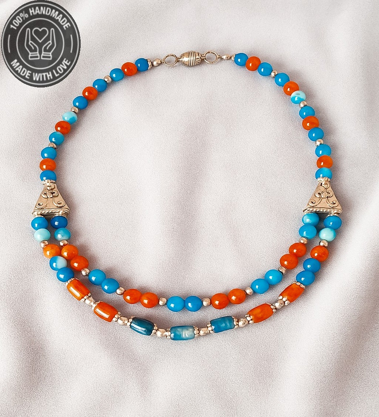 Turuncu Akik Mavi Akik Enerji Veren Nazara Karşı Koruyan 2 Sıralı Kolye