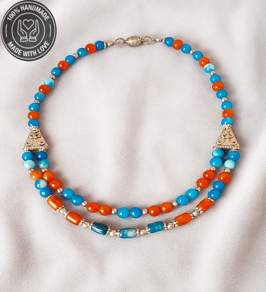 Turuncu Akik Mavi Akik Enerji Veren Nazara Karşı Koruyan 2 Sıralı Kolye