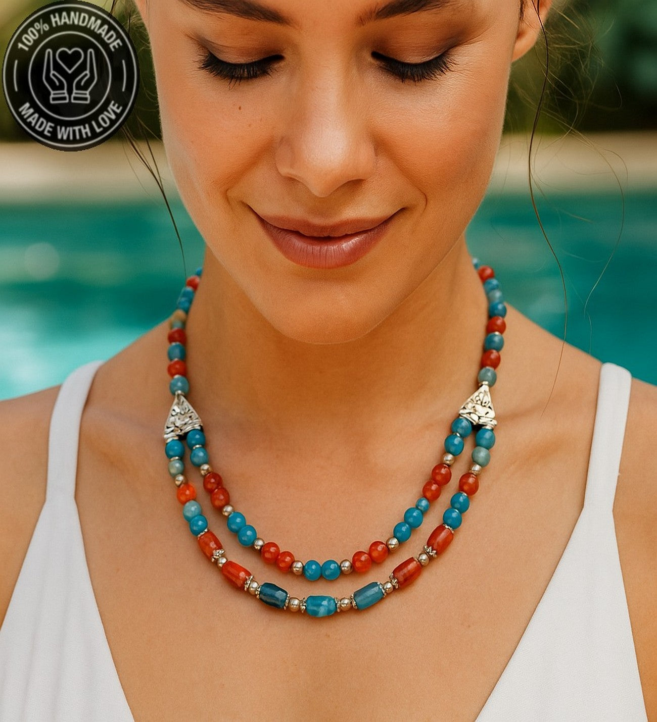 Turuncu Akik Mavi Akik Enerji Veren Nazara Karşı Koruyan 2 Sıralı Kolye