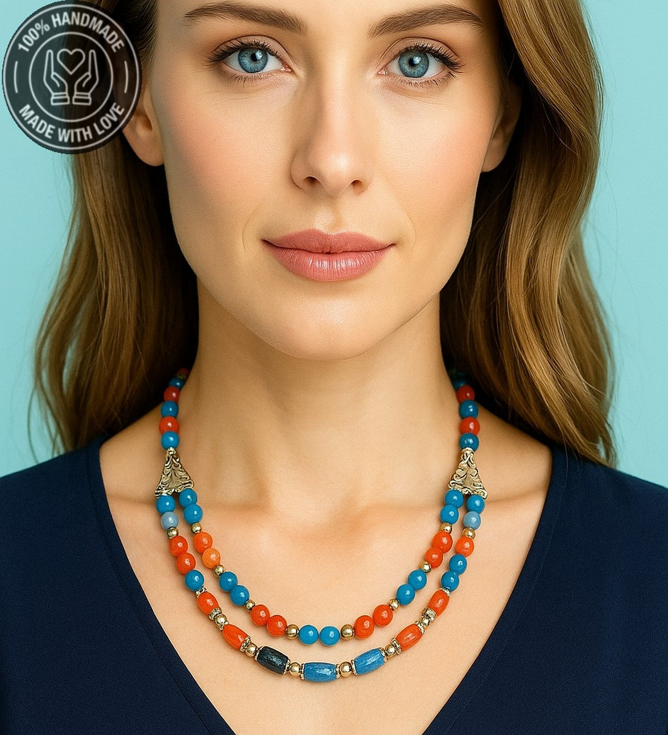 Turuncu Akik Mavi Akik Enerji Veren Nazara Karşı Koruyan 2 Sıralı Kolye