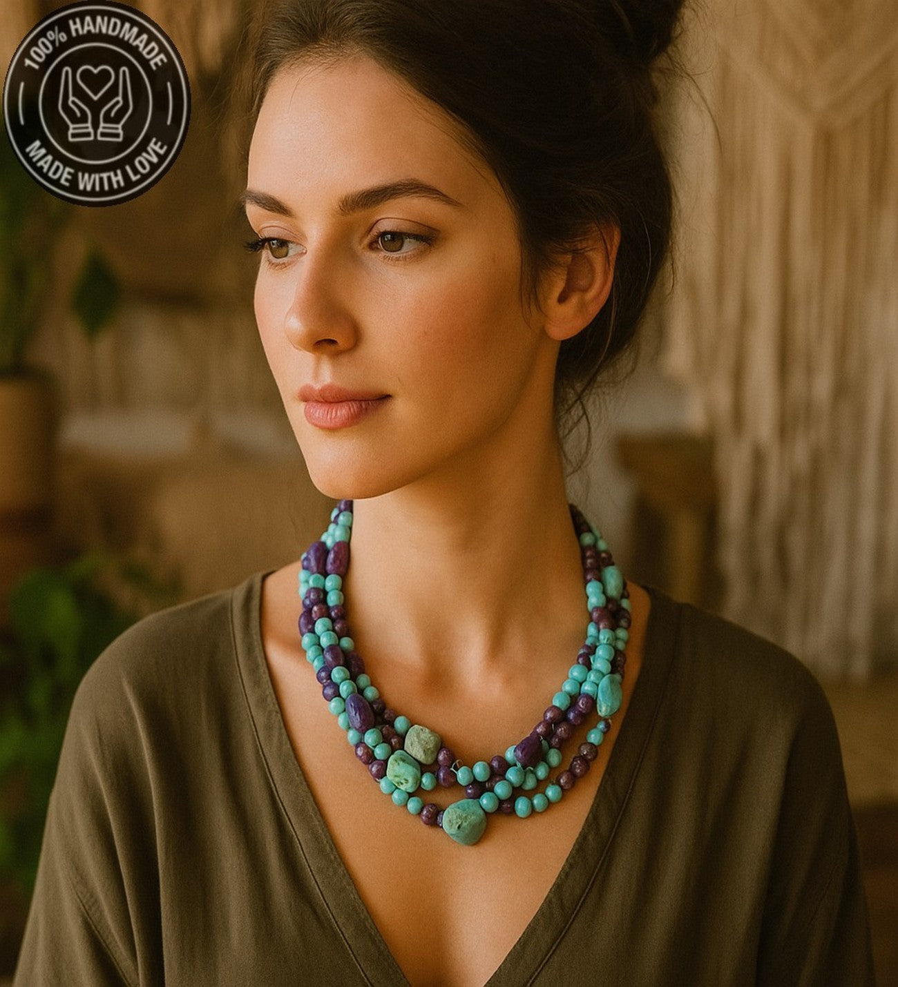 Turkuaz Ceyt 3 Sıralı Bereket Huzur Ve Iletişim Kolyesi