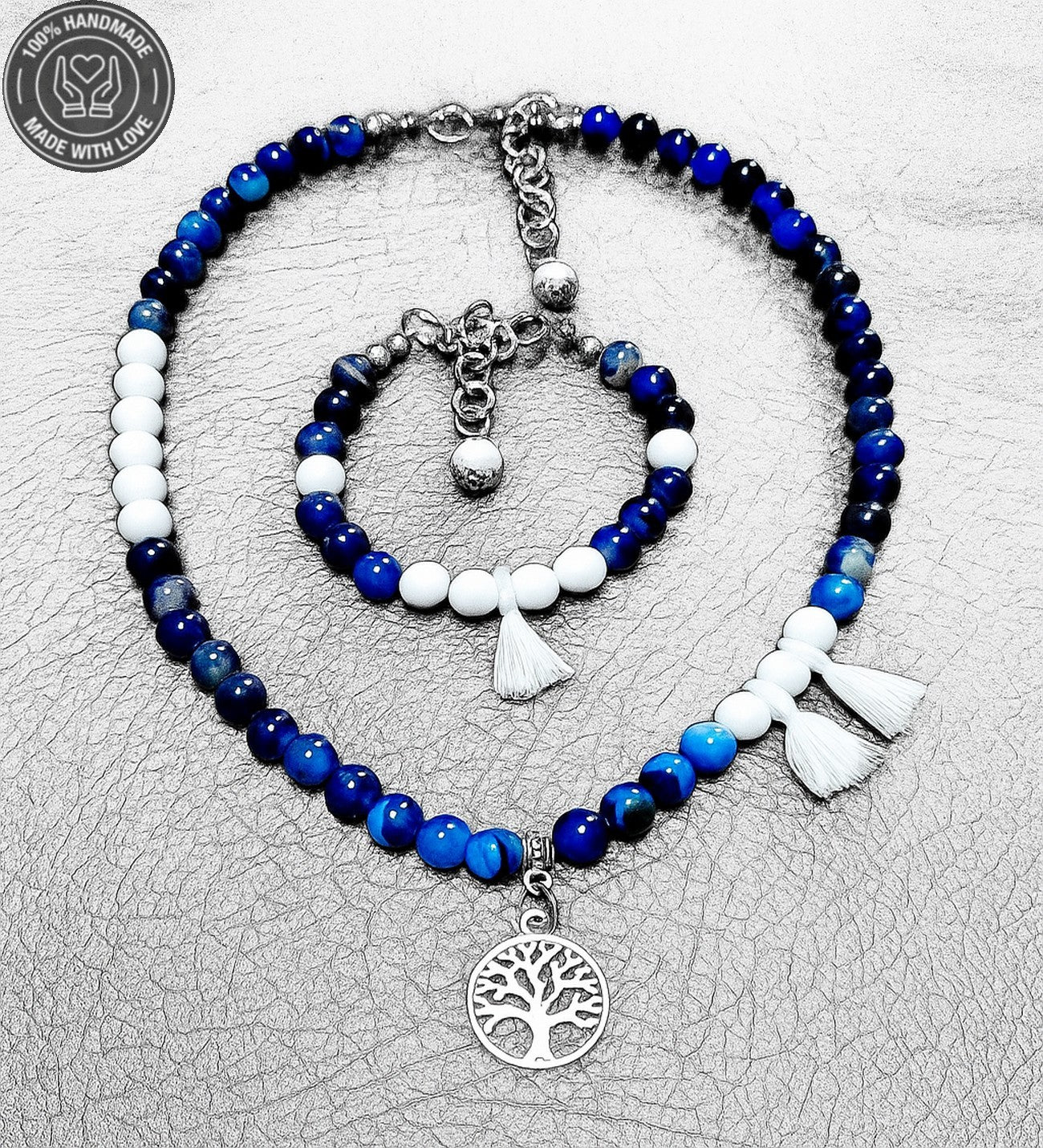 Lacivert Beyaz Akik Mantık Ve Zihinsel Berraklık Kolye Bileklik Seti