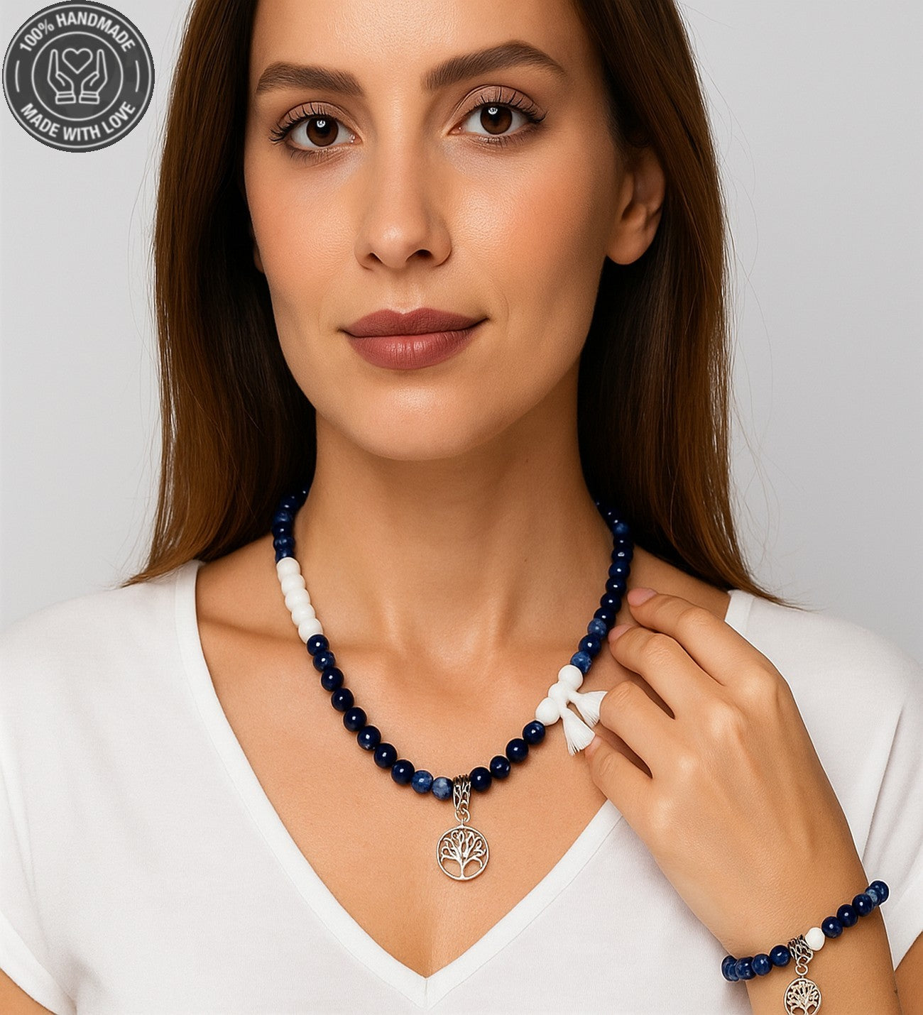 Lacivert Beyaz Akik Mantık Ve Zihinsel Berraklık Kolye Bileklik Seti