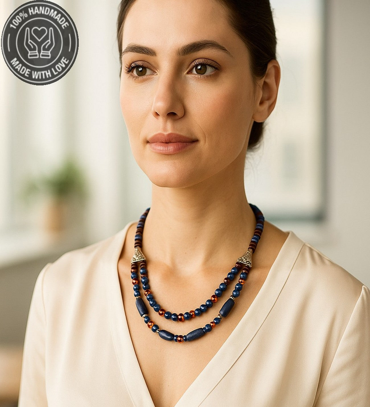 Lapis Kehribar Jasper 2 Sıralı Şans Ve Ruhsal Aydınlanma Kolyesi