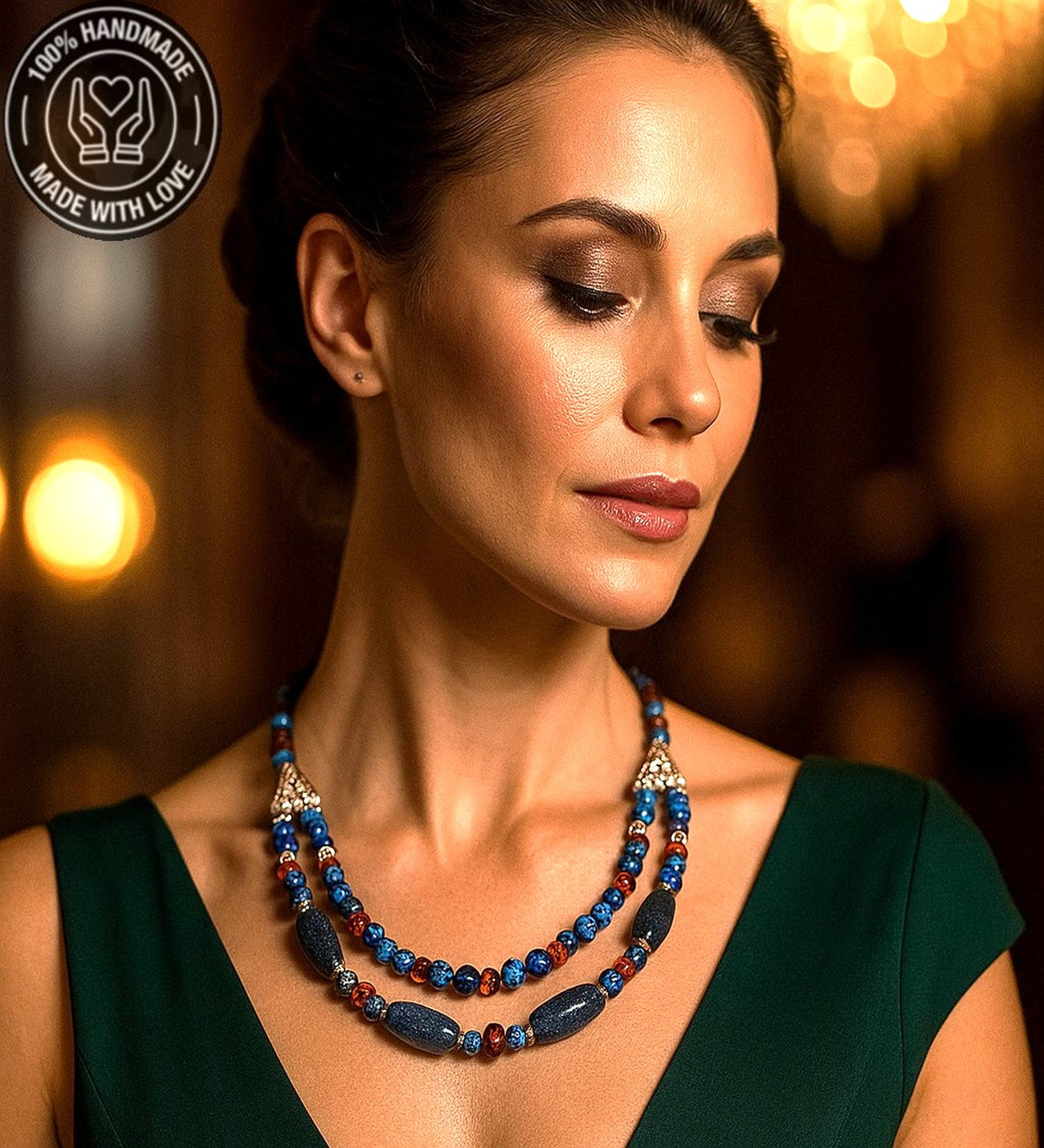 Lapis Kehribar Jasper 2 Sıralı Şans Ve Ruhsal Aydınlanma Kolyesi