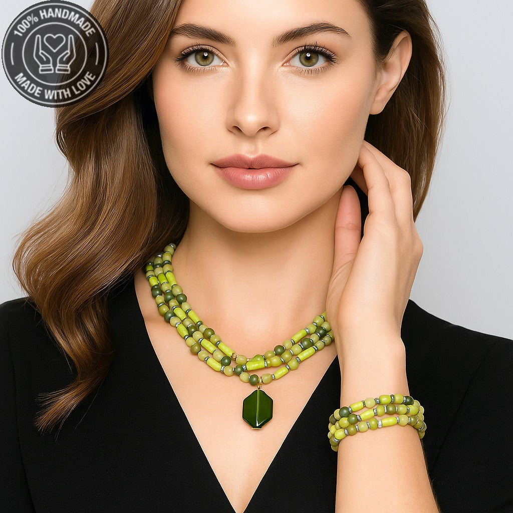 Peridot Ahşap Bolluk Ve Enerji Kolye Bileklik Seti