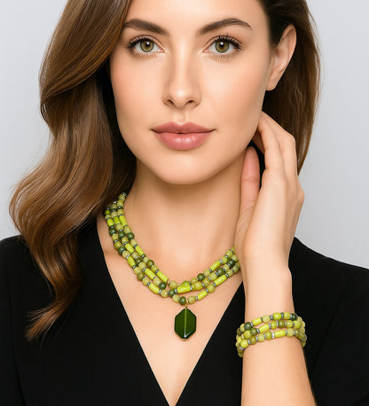 Peridot Ahşap Bolluk Ve Enerji Kolye Bileklik Seti