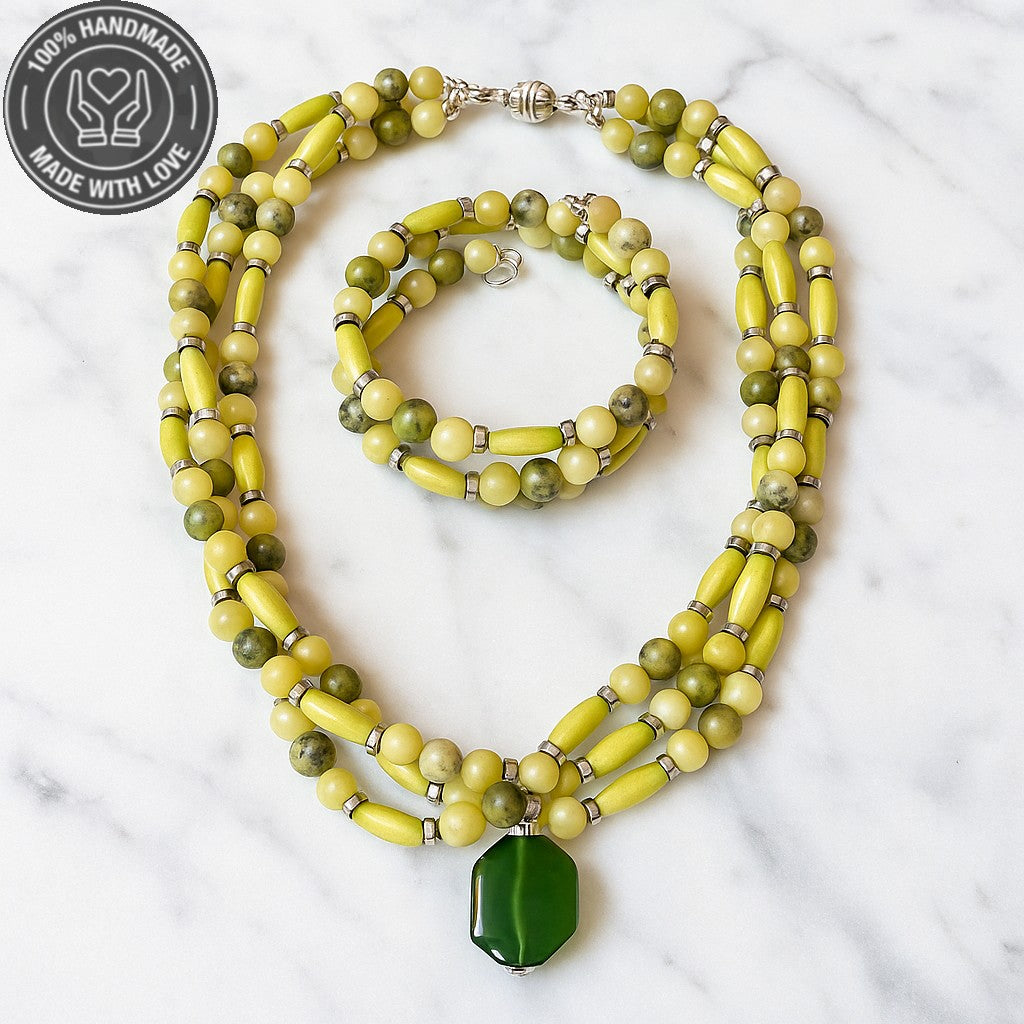 Peridot Ahşap Bolluk Ve Enerji Kolye Bileklik Seti