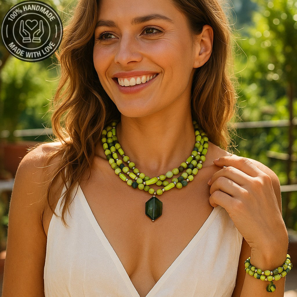 Peridot Ahşap Bolluk Ve Enerji Kolye Bileklik Seti