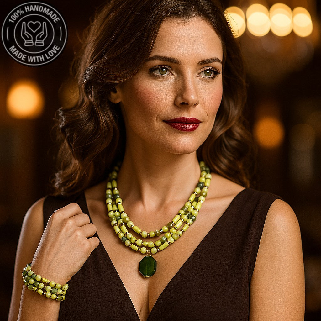 Peridot Ahşap Bolluk Ve Enerji Kolye Bileklik Seti