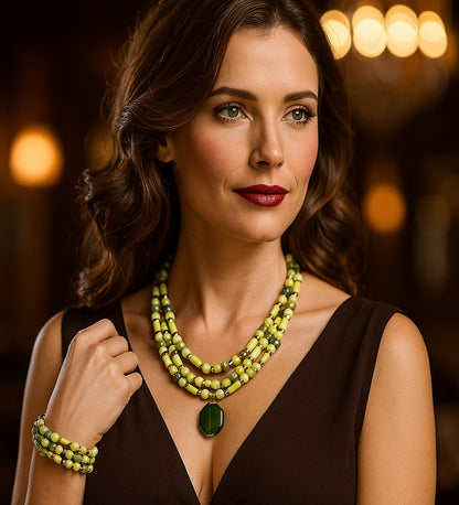 Peridot Ahşap Bolluk Ve Enerji Kolye Bileklik Seti