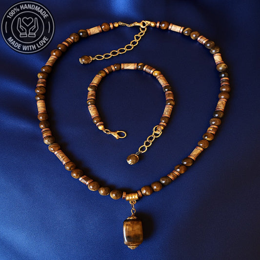 Kaplan Gözü Jasper İstikrar , Huzur Ve Özgüven Kolye Bileklik Seti