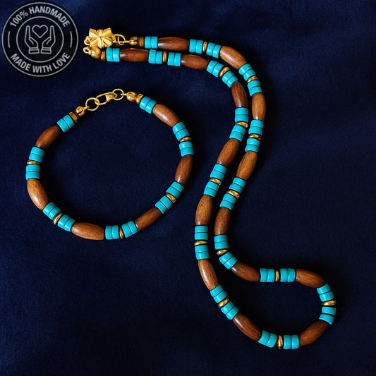 Turkuaz Hematit Ahşap İletişim, Güç Ve Topraklama Kolye Bileklik Seti
