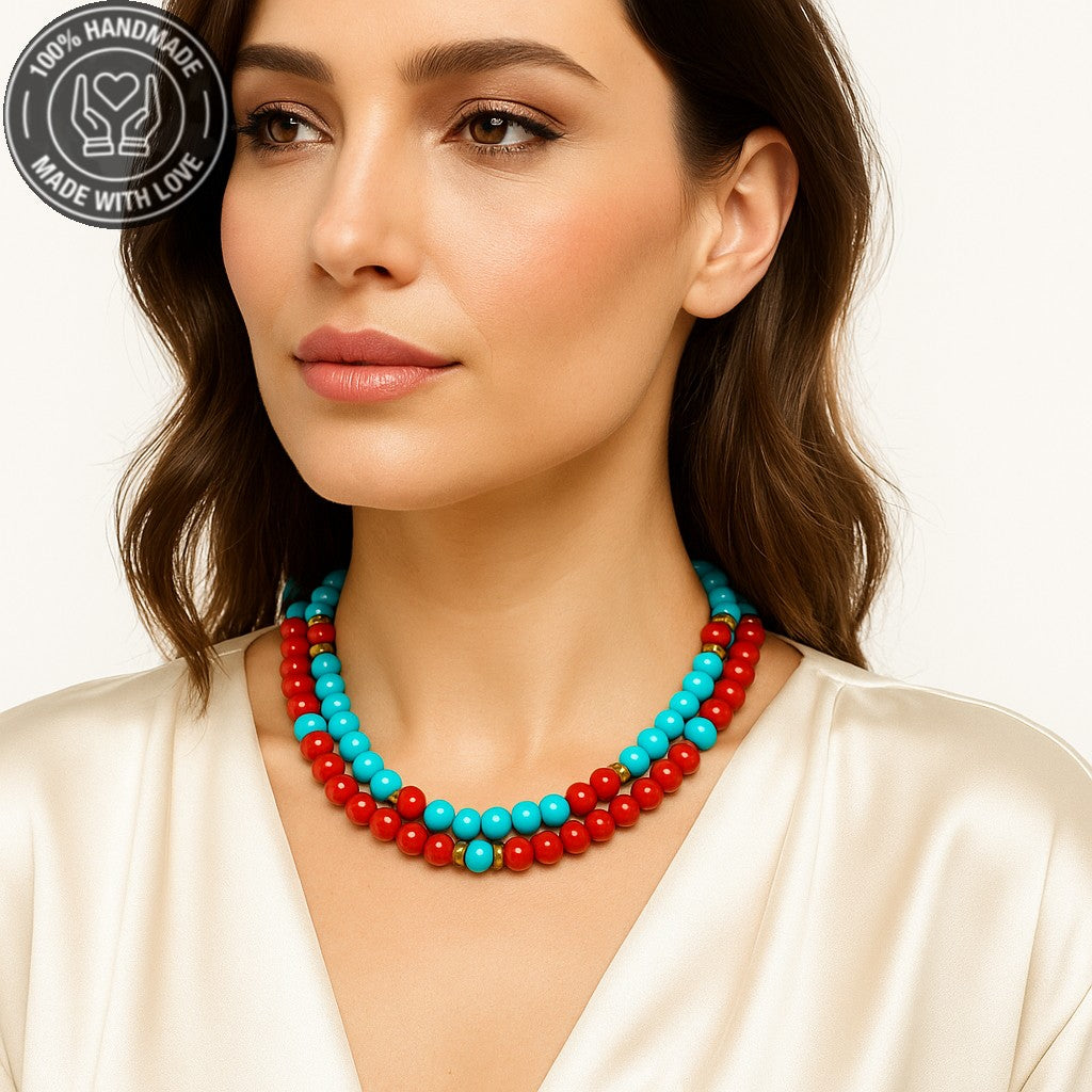 Turkuaz Mercan İletişim Ve Şifa Ve Nazara Karşı Etkili 2 Sıralı Kolye