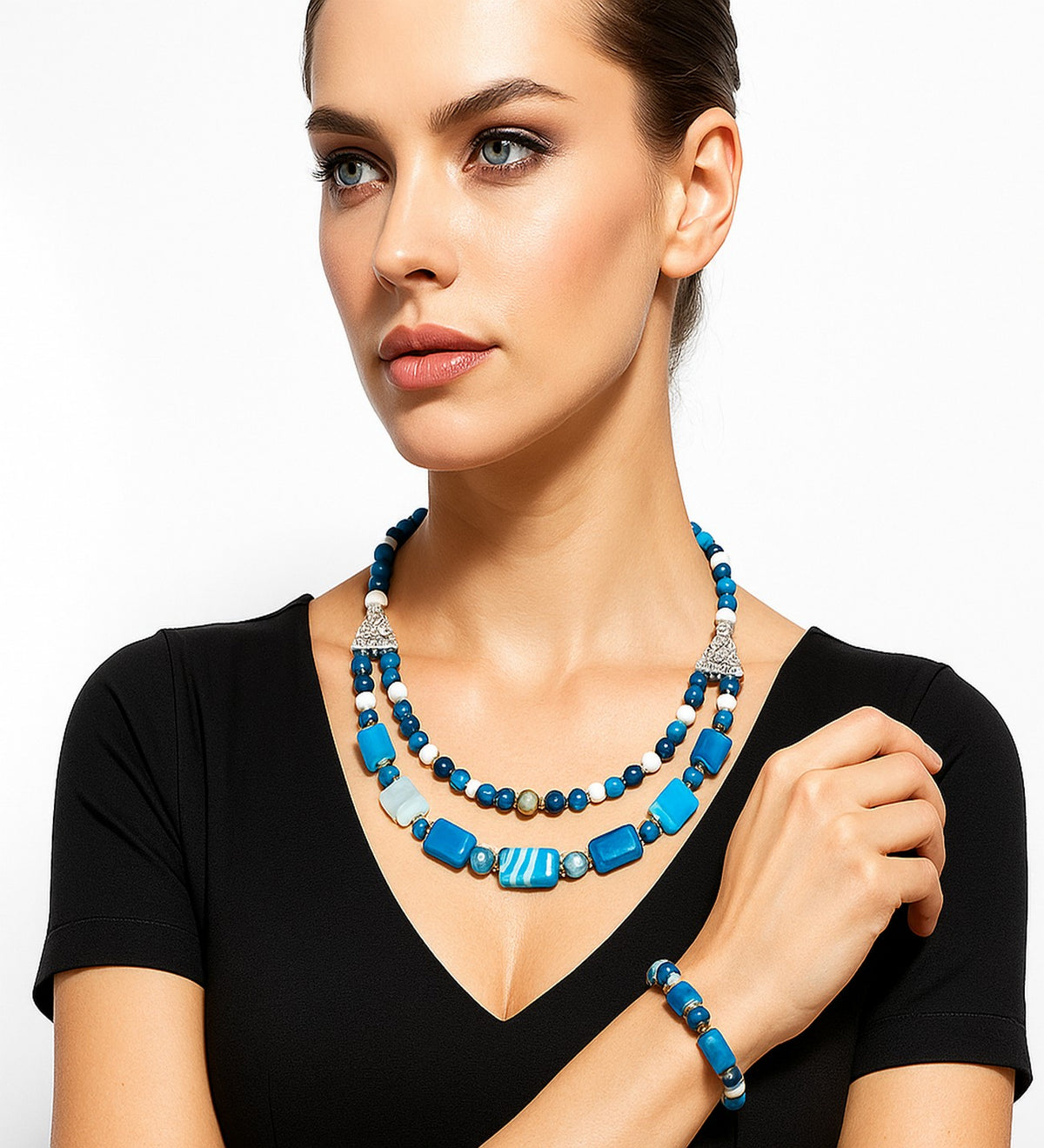 Premium Series Blue White Agate 2-Strand Evil Eye Protection and Mental Clarity Necklace and Bracelet Set