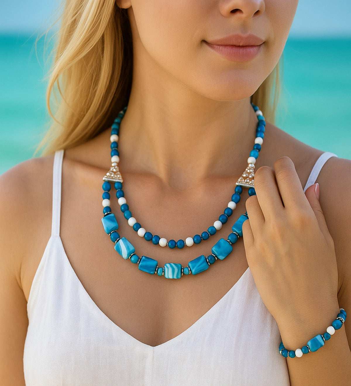 Premium Series Blue White Agate 2-Strand Evil Eye Protection and Mental Clarity Necklace and Bracelet Set