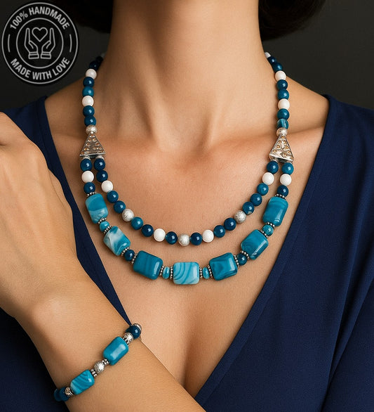 Premium Serisi Mavi Beyaz Akik 2 Sıralı Nazar Koruması Ve Zihinsel Berraklık Kolye Bileklik Seti