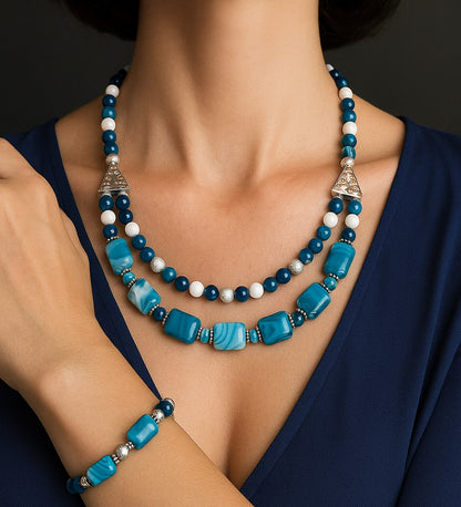Premium Series Blue White Agate 2-Strand Evil Eye Protection and Mental Clarity Necklace and Bracelet Set