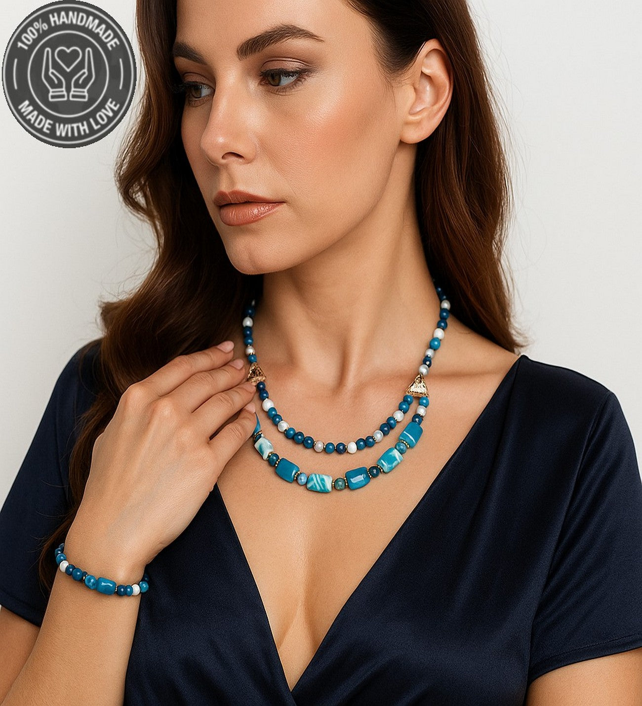 Premium Serisi Mavi Beyaz Akik 2 Sıralı Nazar Koruması Ve Zihinsel Berraklık Kolye Bileklik Seti