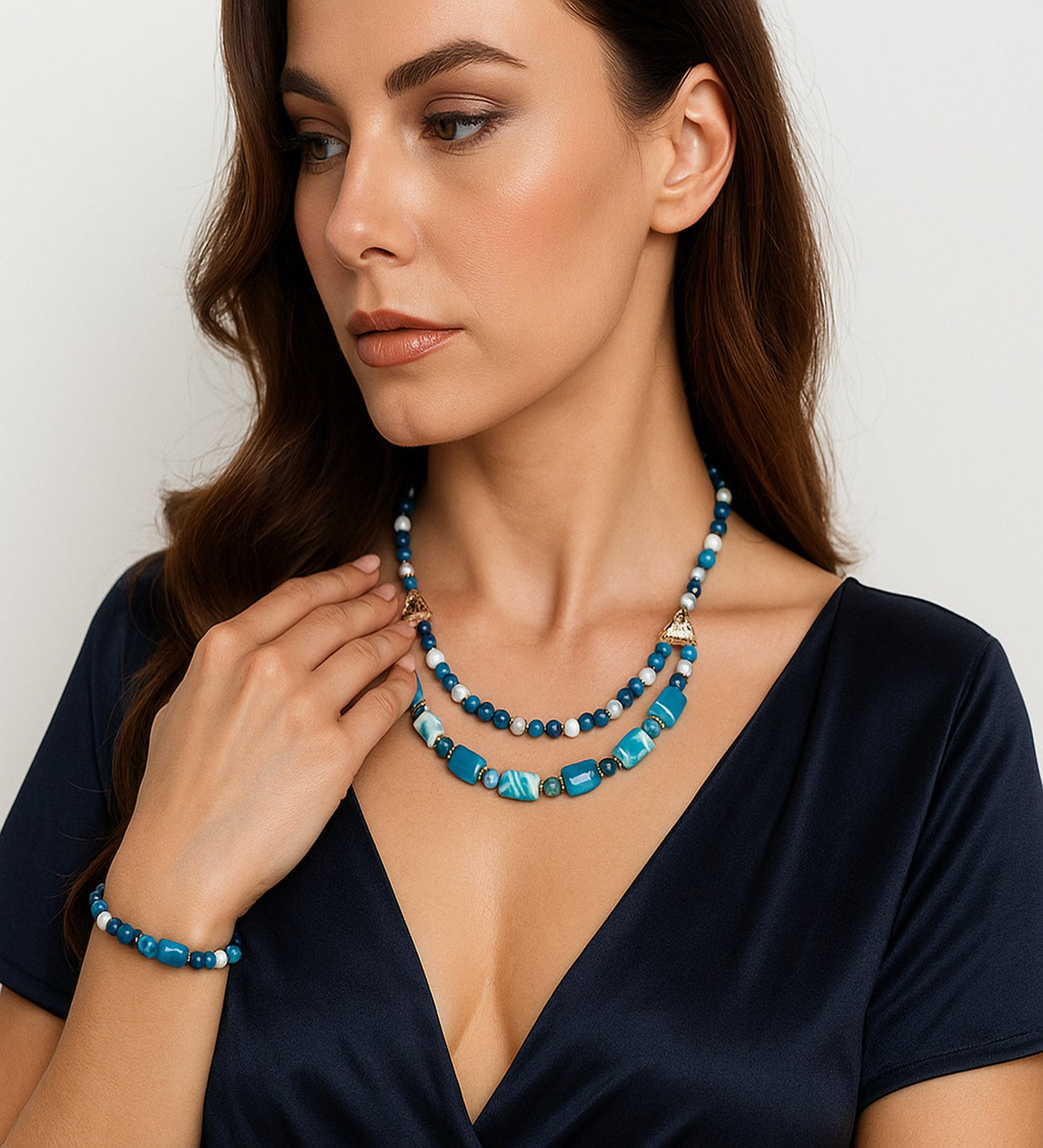 Premium Series Blue White Agate 2-Strand Evil Eye Protection and Mental Clarity Necklace and Bracelet Set