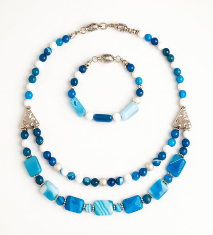 Premium Series Blue White Agate 2-Strand Evil Eye Protection and Mental Clarity Necklace and Bracelet Set