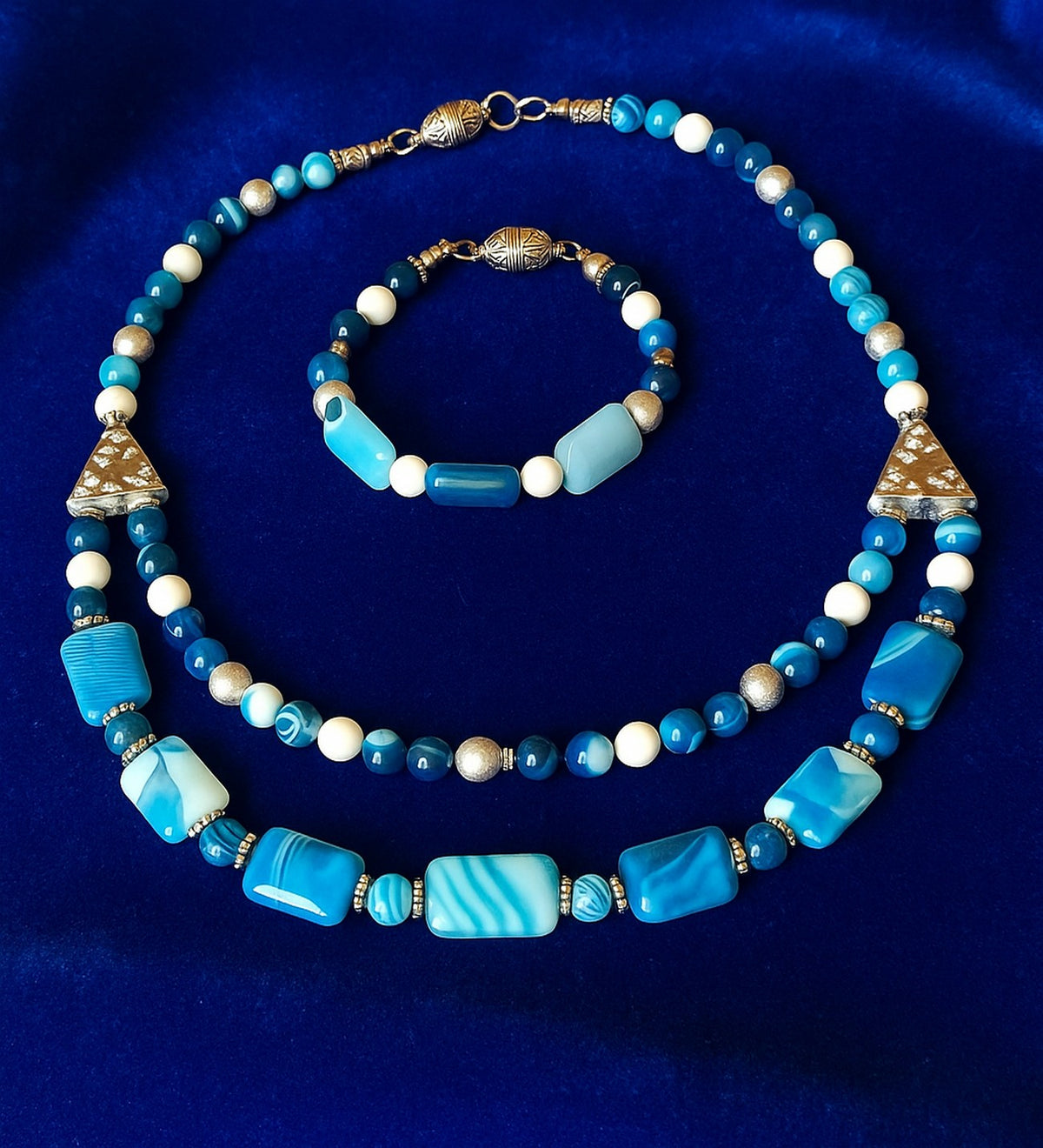 Premium Series Blue White Agate 2-Strand Evil Eye Protection and Mental Clarity Necklace and Bracelet Set