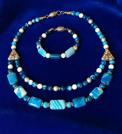 Premium Series Blue White Agate 2-Strand Evil Eye Protection and Mental Clarity Necklace and Bracelet Set
