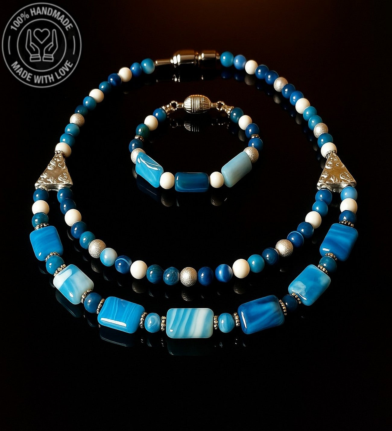 Premium Serisi Mavi Beyaz Akik 2 Sıralı Nazar Koruması Ve Zihinsel Berraklık Kolye Bileklik Seti