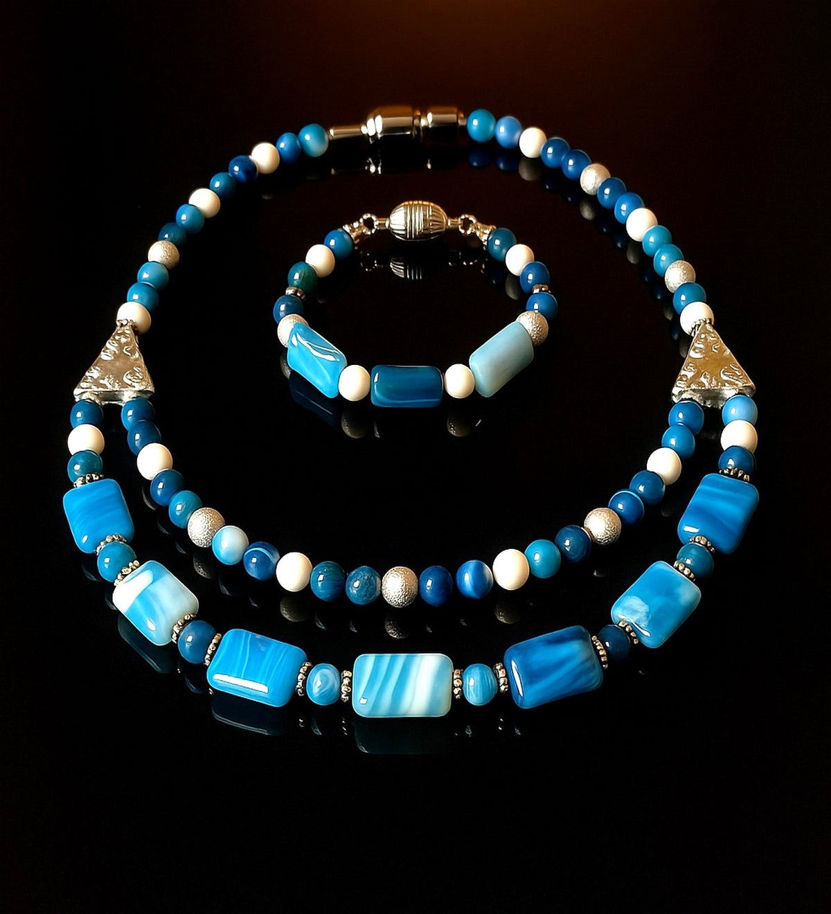 Premium Series Blue White Agate 2-Strand Evil Eye Protection and Mental Clarity Necklace and Bracelet Set