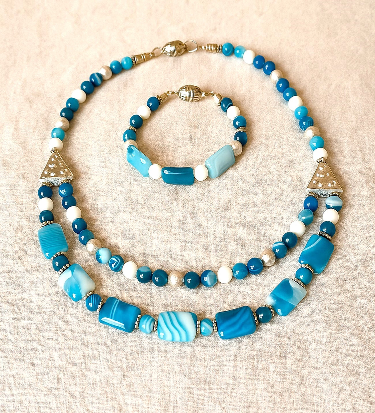 Premium Series Blue White Agate 2-Strand Evil Eye Protection and Mental Clarity Necklace and Bracelet Set