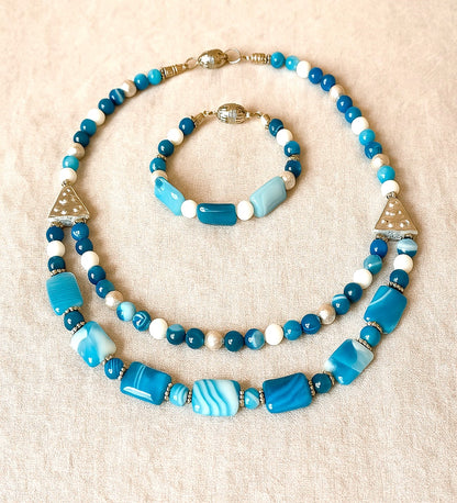 Premium Series Blue White Agate 2-Strand Evil Eye Protection and Mental Clarity Necklace and Bracelet Set