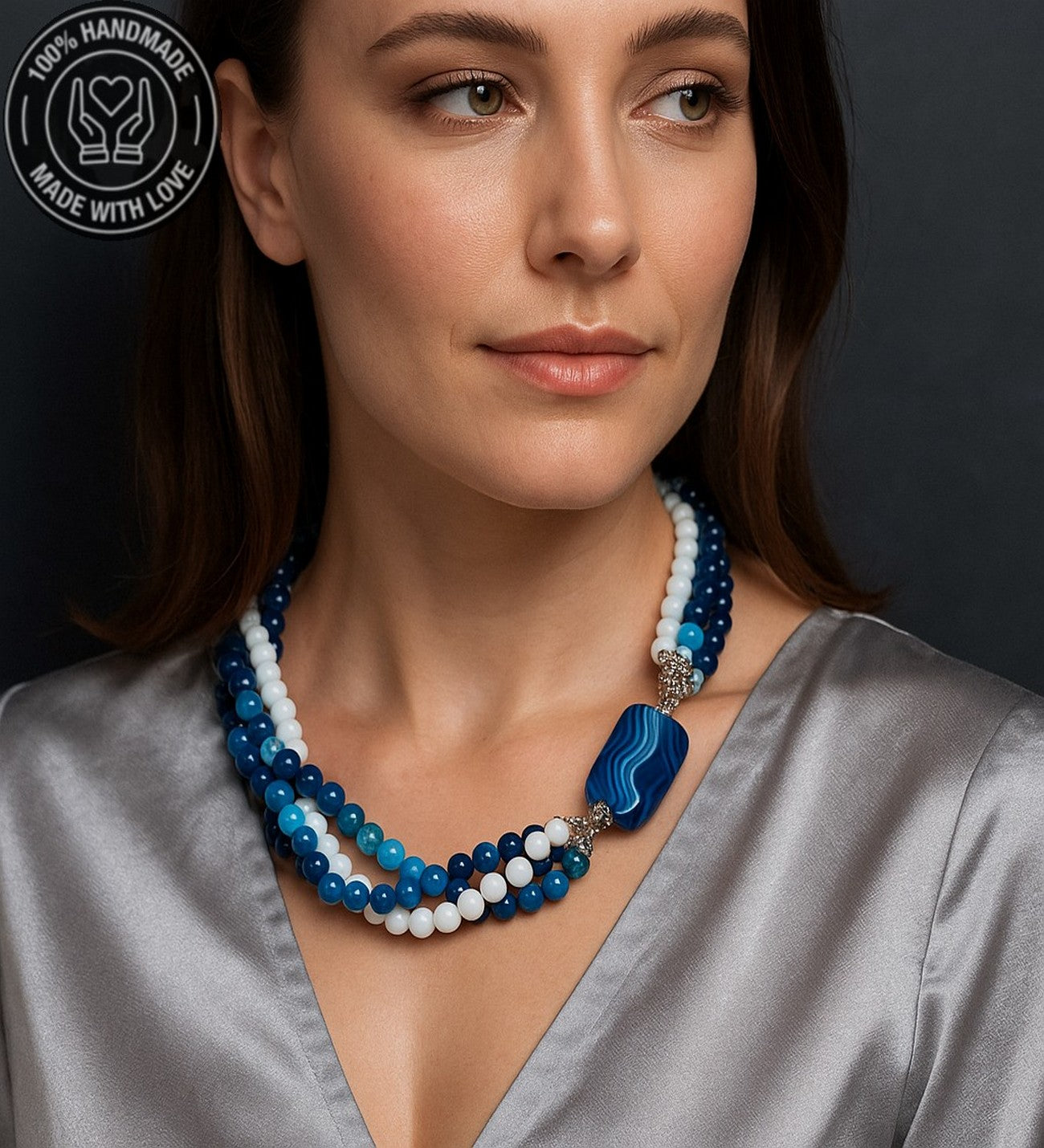 Premium Serisi Mavi Beyaz Akik Nazar Koruması Ve Zihinsel Berraklık Için Gerdanlık Kolye