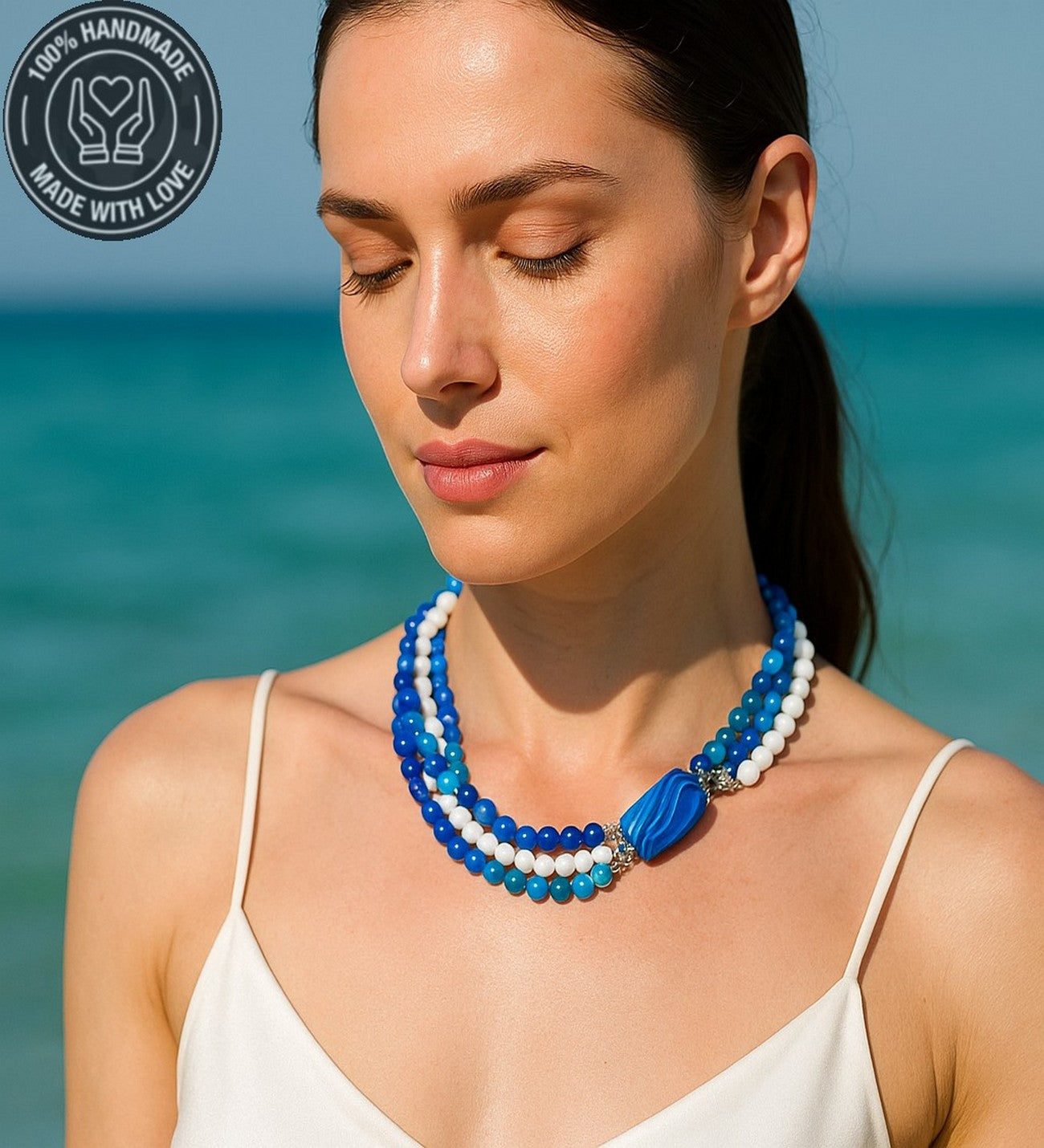 Premium Serisi Mavi Beyaz Akik Nazar Koruması Ve Zihinsel Berraklık Için Gerdanlık Kolye