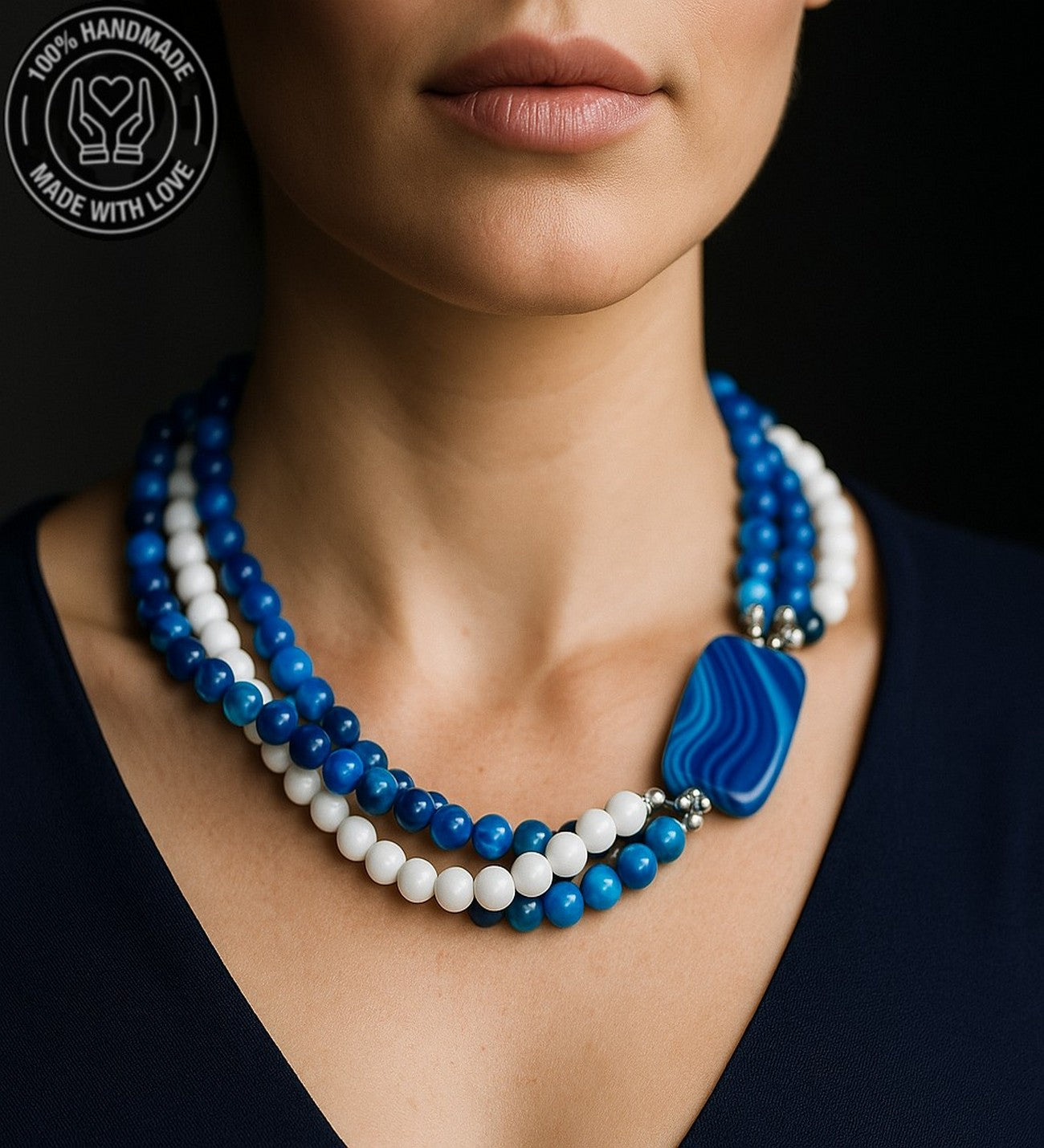 Premium Serisi Mavi Beyaz Akik Nazar Koruması Ve Zihinsel Berraklık Için Gerdanlık Kolye