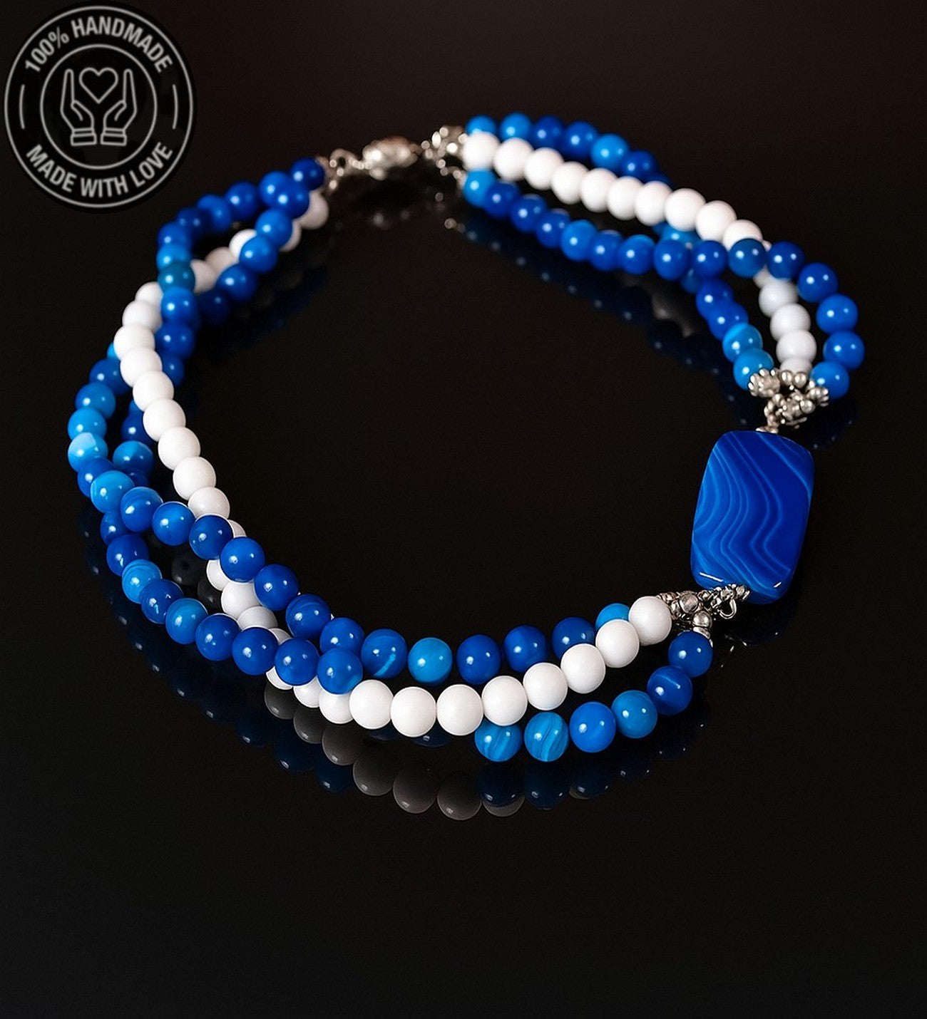 Premium Serisi Mavi Beyaz Akik Nazar Koruması Ve Zihinsel Berraklık Için Gerdanlık Kolye