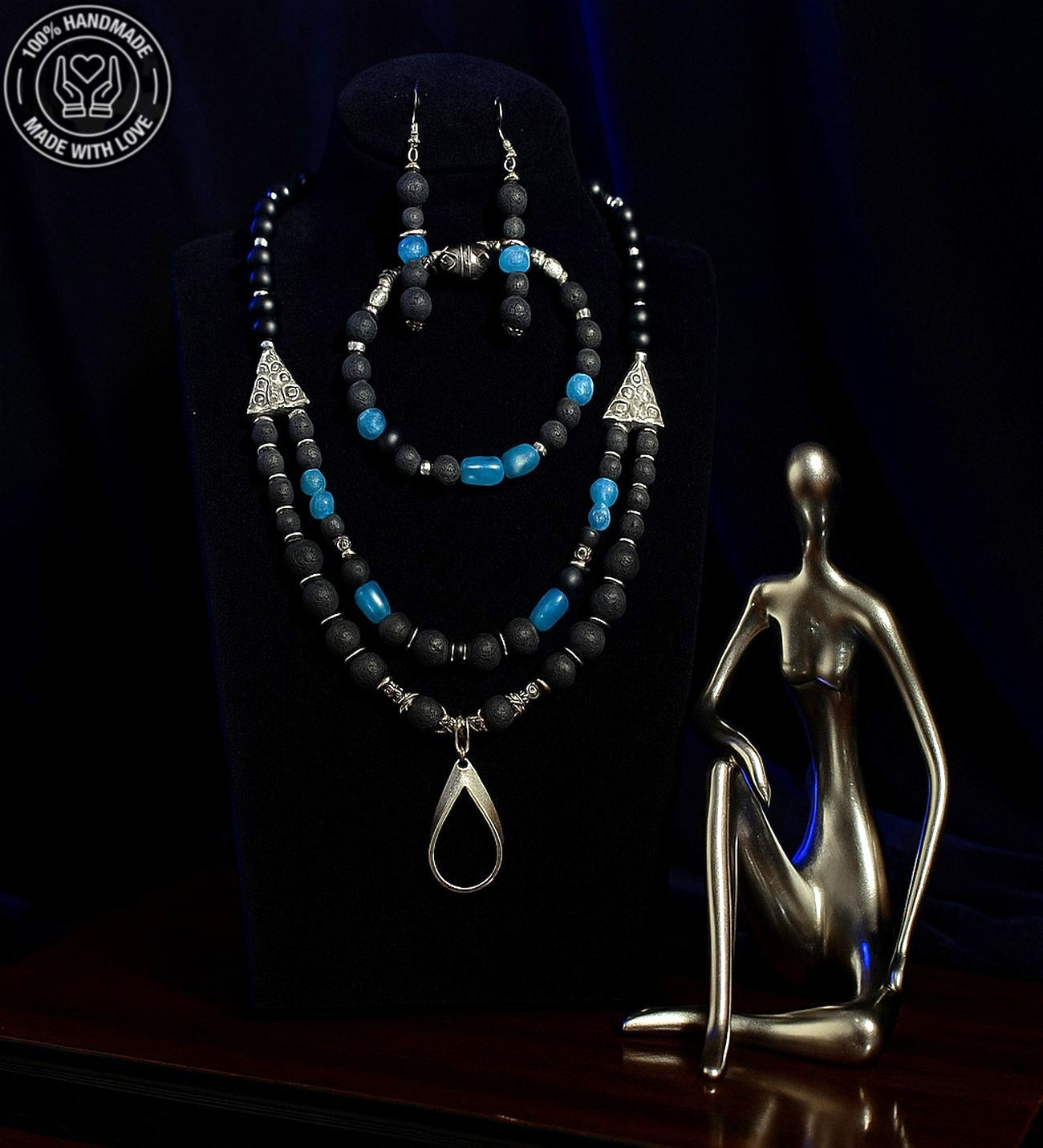 Lav Taşı Mavi Akik Iletişim Ve Denge Takı Seti